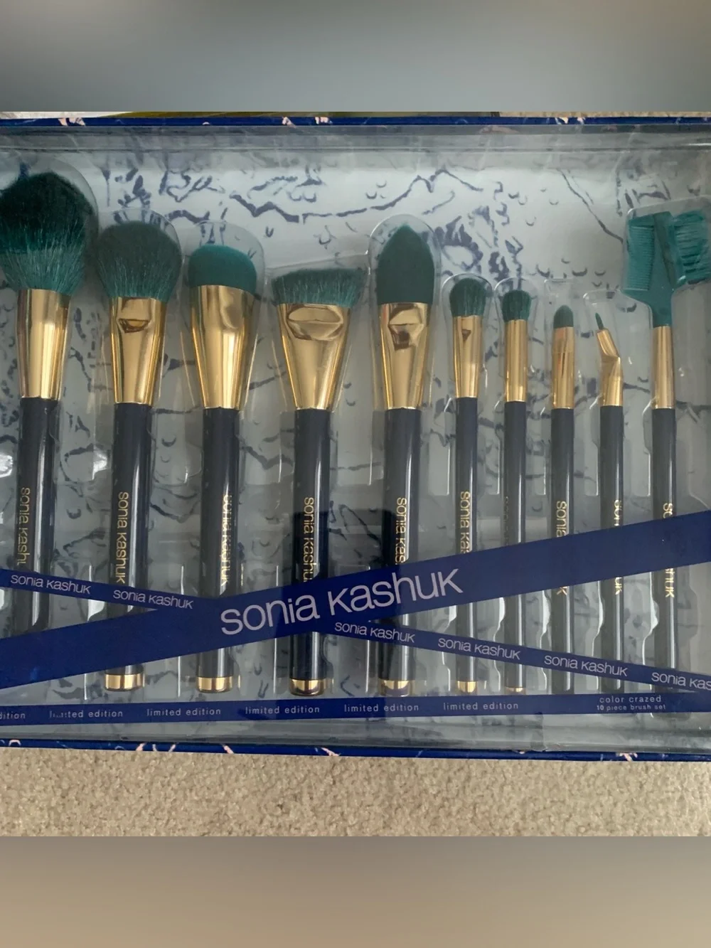 NIB: Sonia Kashuk Teal & Gold Makeup Brush Set with Navy Blue Handles